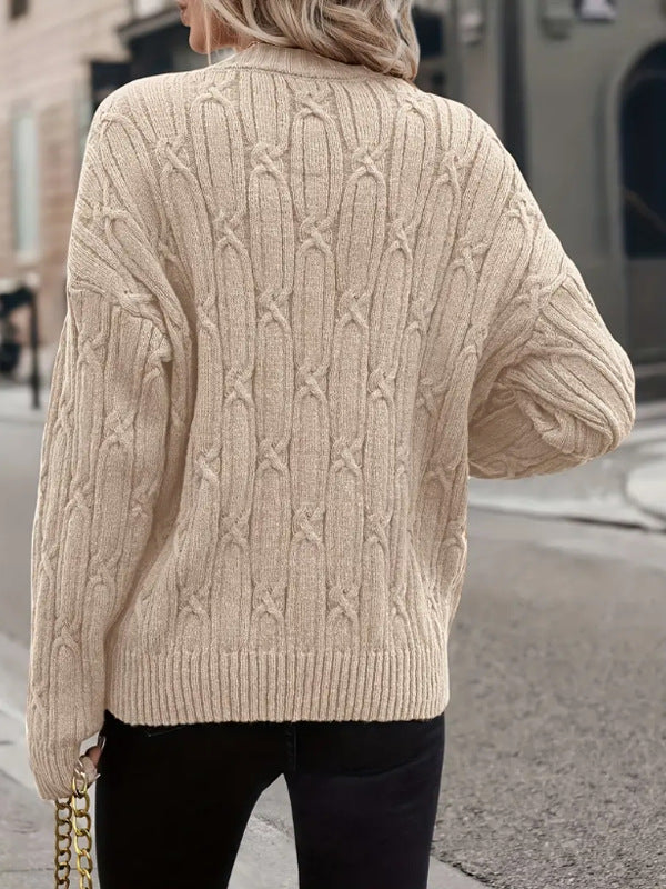 Women Clothing Autumn Winter V neck Sweater Women Twist Thread Solid Color Sweater Loose Top