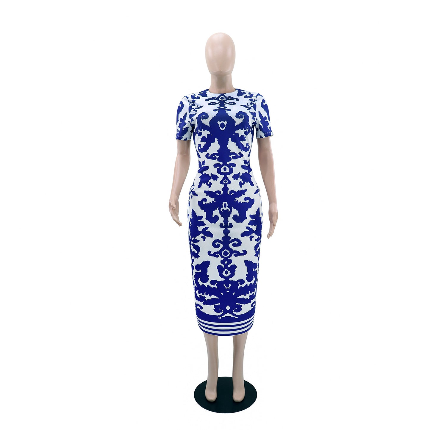 Women Elegant Printing Slim Fit Hip Short Sleeve Dress