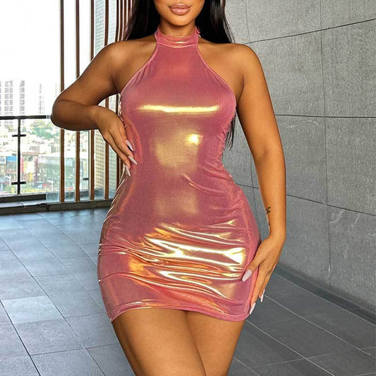 Glossy Sexy Sheath Tight Dress Nightclub Sexy Halter Cami Dress