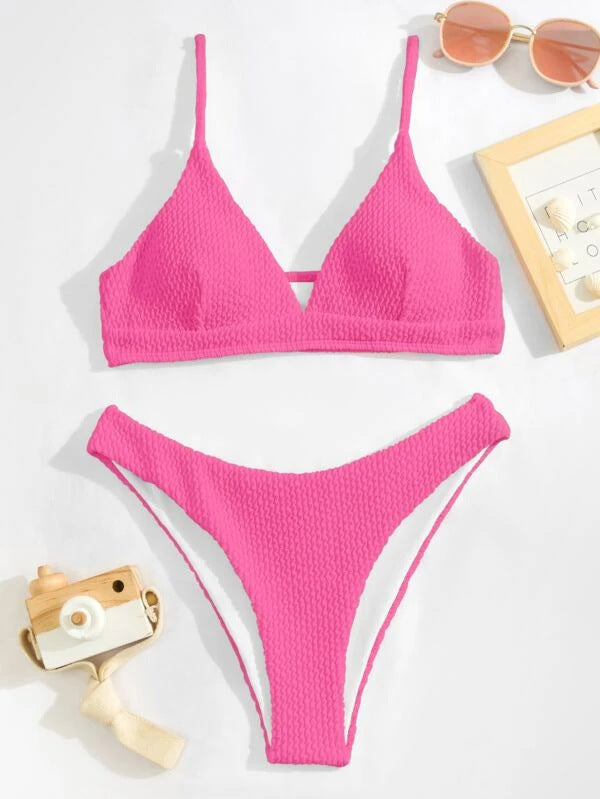 Women Seperated Swimwear Sunken Stripe Solid Color Sexy Bikini Swimsuit