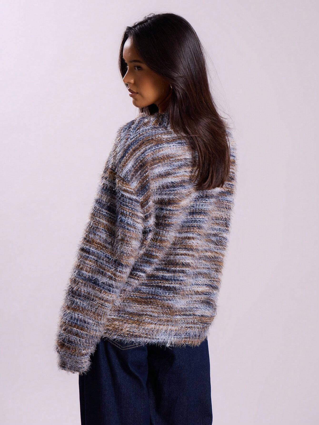 Retro Deep V Plunge neck Design Maillard Plush Long Sleeve Cardigan
