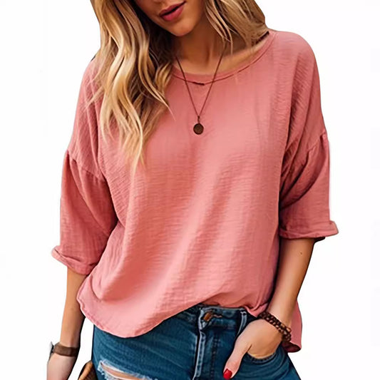 Summer Women Clothing Casual Comfortable Office 3/4 Sleeve Solid Color T shirt