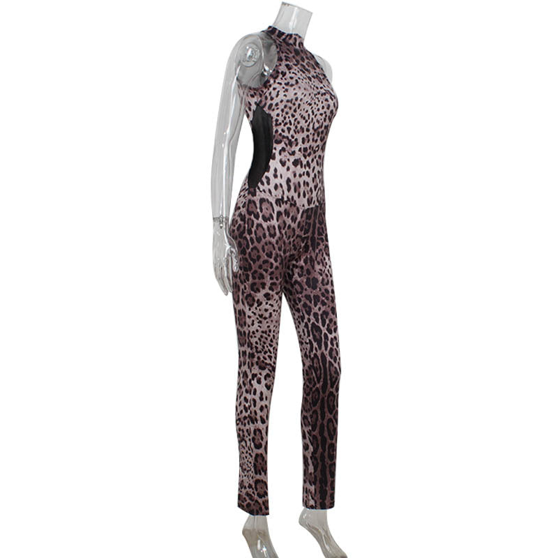 Sexy Sleeveless Halter Leopard Print Printed Mesh Stitching Jumpsuit Tight High Elastic Trousers