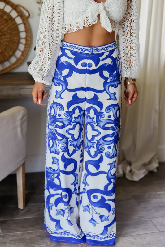 Summer Blue White Porcelain Positioning Printing Casual Wide Leg Straight Pants Women