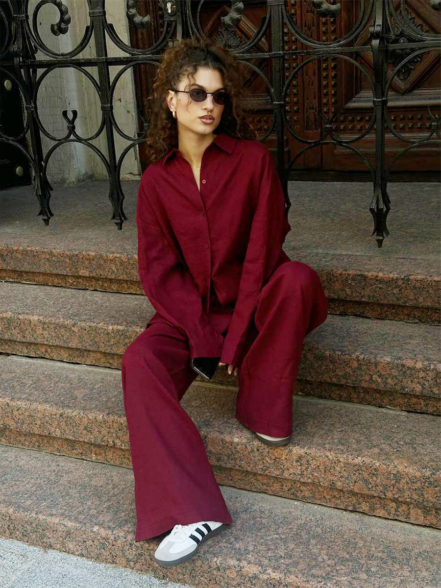 Cotton Shirt Trousers Spring Summer Loose Long Sleeve Shirt Casual Two Piece Sets Women
