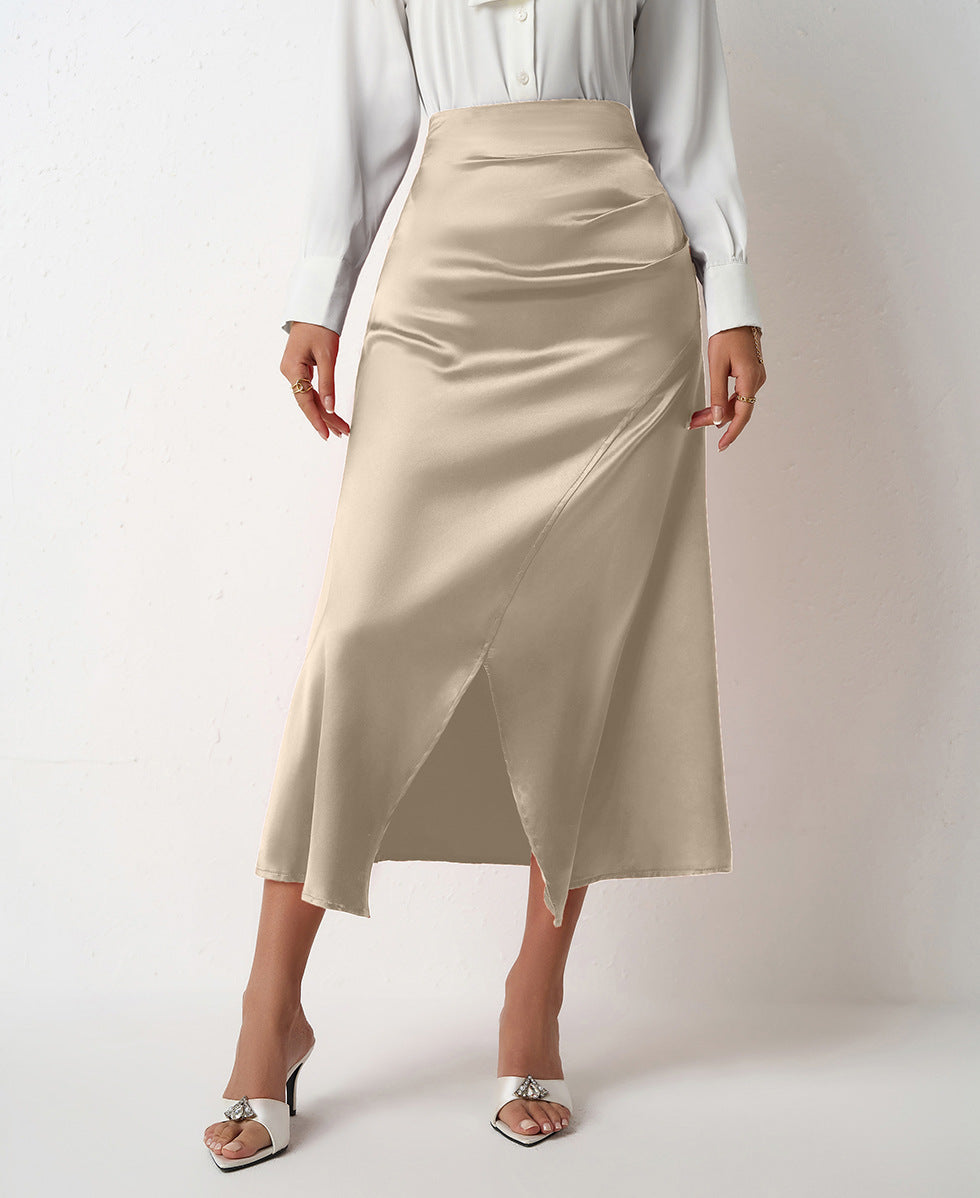 Women Clothing High Waist Slit Satin Long Skirt Pleated Skirt Zipper Fishtail Hip Skirt