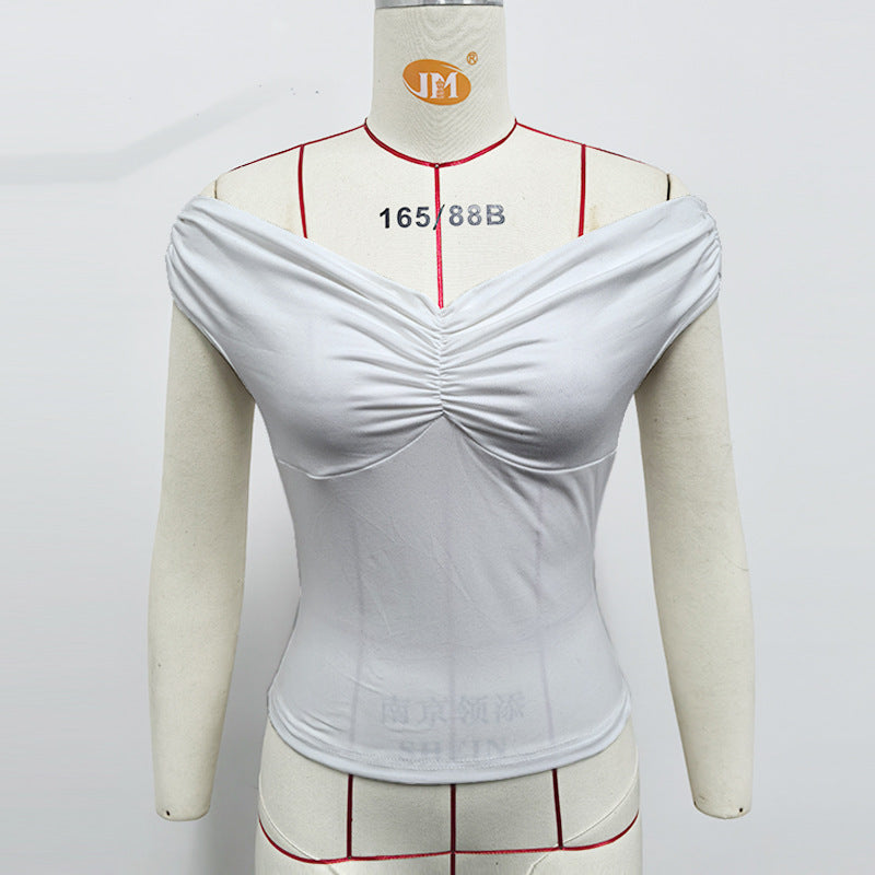 Women Clothing Spring Summer off Shoulder Wrinkle Front Chest Top Sexy off Shoulder Pure Sexy Vest Women