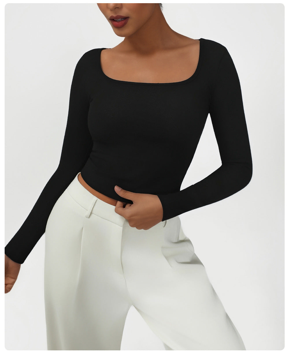 High Elastic Tight T shirt Casual Sports Top Square Collar Sexy Solid Color Long Sleeve Yoga Jacket