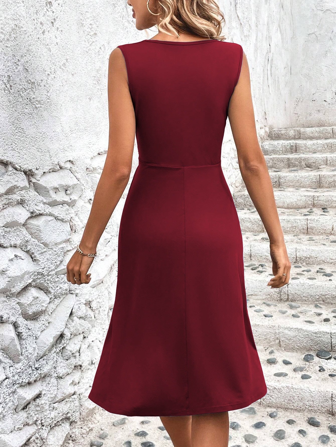 Summer Women Clothing Sleeveless V neck Elegant Slim Mid Length Dress Women