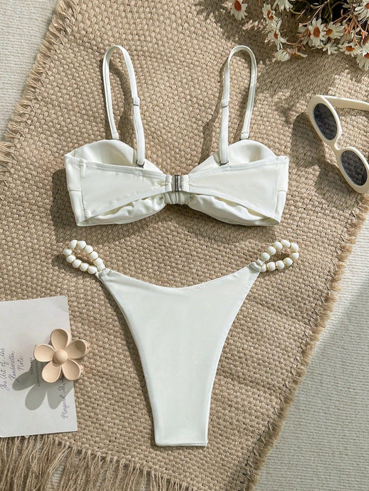 Fresh Bikini Solid Color Twist Tie Sexy Split Swimsuit Outfit