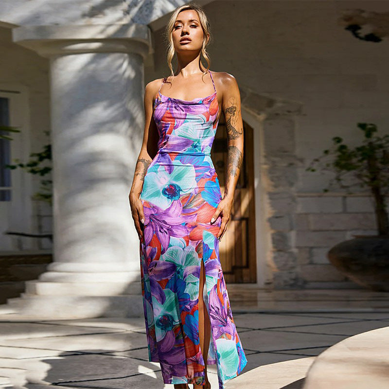 Color Split Dress Backless Printing Slip Dress