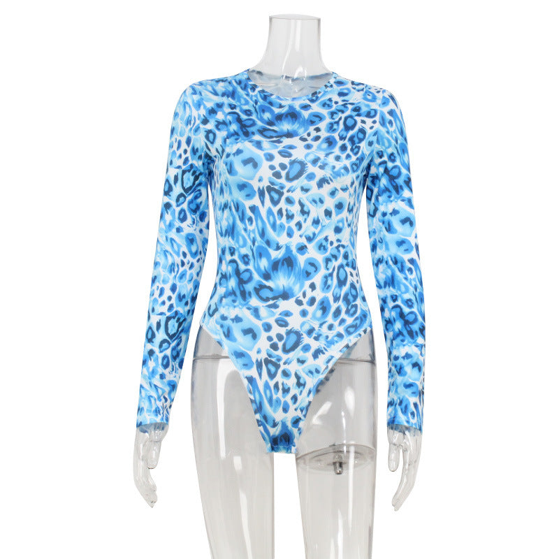 Women Jumpsuit round Neck Long Sleeve Personality Street Blue Leopard Print Printed Top for Women