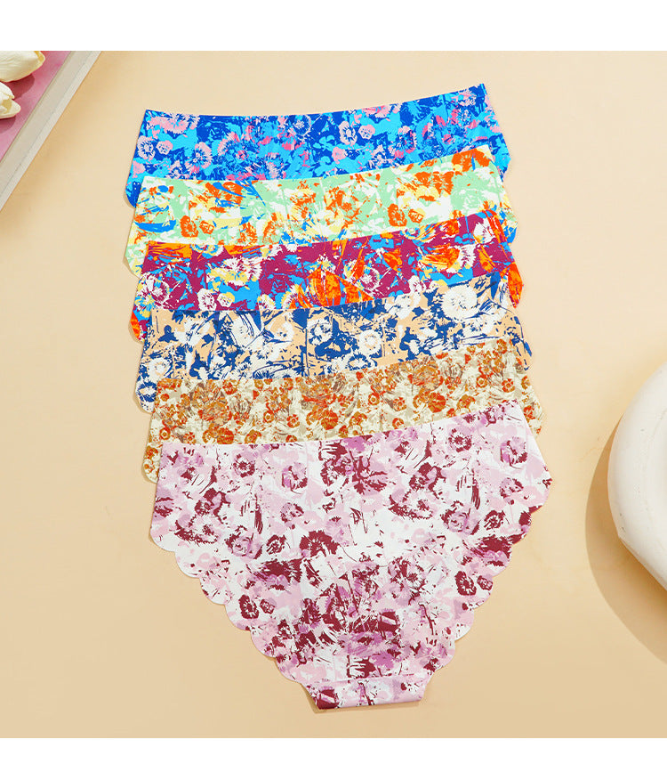 Wave Edge Seamless Underwear Women Plant Print One Piece Low Waist