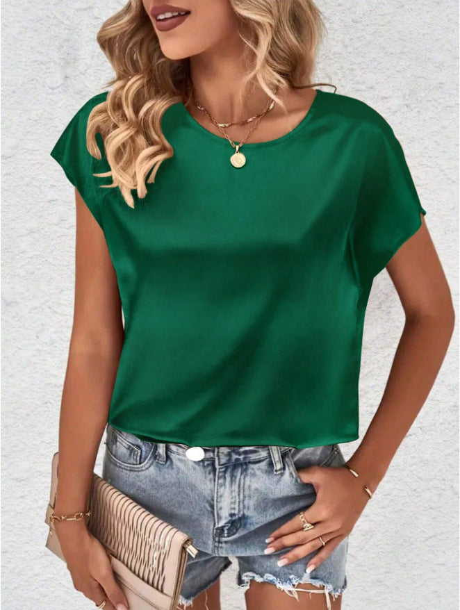Summer Women Solid Color Casual Top Batwing Sleeve Satin round Neck Artificial Silk Women