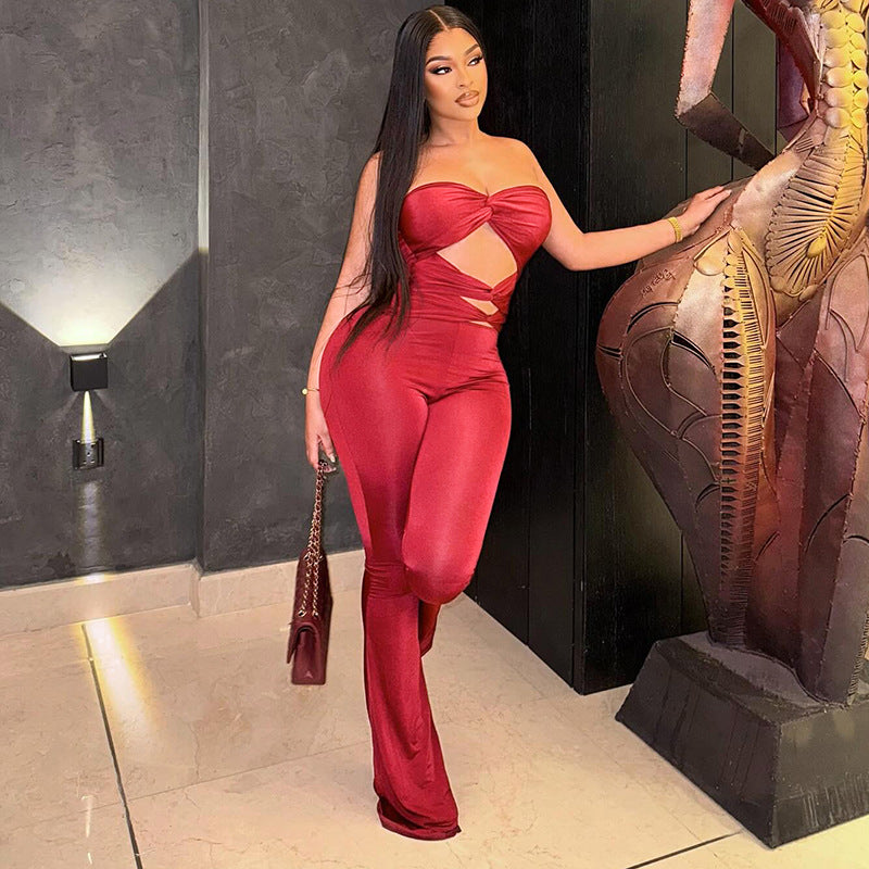 Women Clothing Autumn Solid Color Strapless Sleeveless Slim Hollow Out Cutout Backless Twisted Knot Jumpsuit