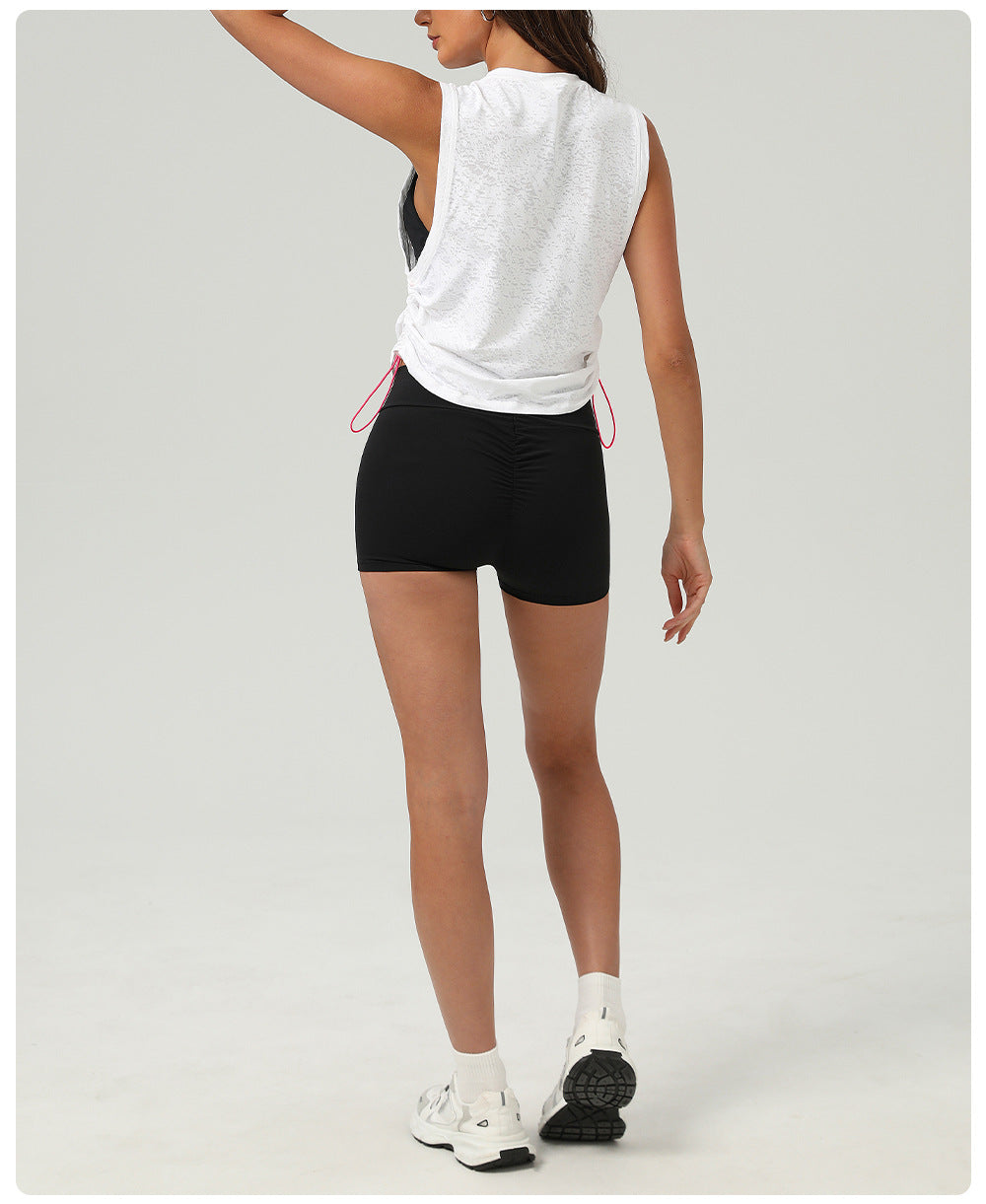 Breathable Yoga Exercise Vest Women Summer Loose round Neck Sleeveless Sports Top Drawstring at Hem Jacquard Blouse
