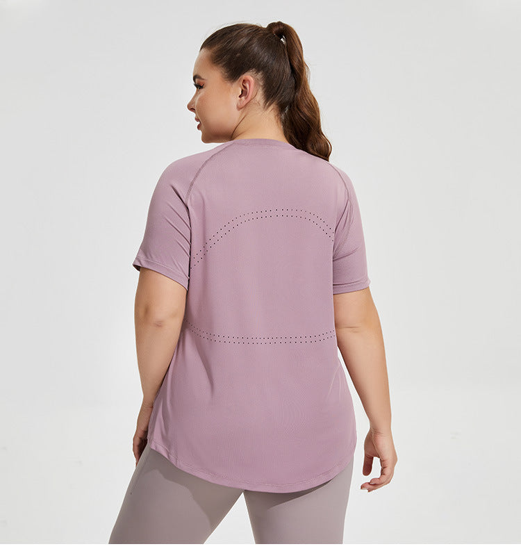 Plus Size Long Thigh Length Thin Yoga Wear Mesh Beauty Back Breathable Short Sleeve Running Fitness Top Sportswear for Women