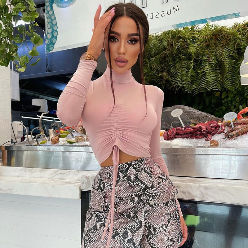 Autumn Sexy Women Clothing Pleating cropped Half-High Collar Long Sleeves T shirt Top