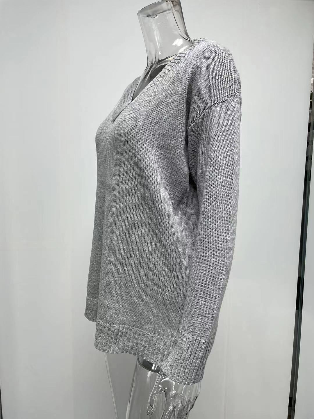 Women Autumn Winter Solid Color Sweater Women V neck Long Sleeve Pullover Sweater Top