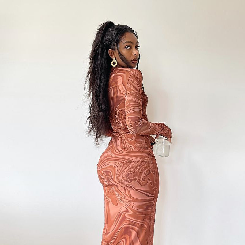 Women Clothing Autumn Winter Print round Neck Long Sleeve Slim Mid Length Dress