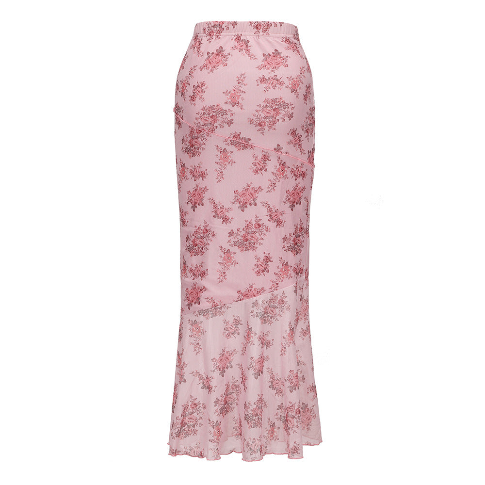 Summer Mesh Printed Skirt Sexy Tight Double Layer Fishtail Skirt