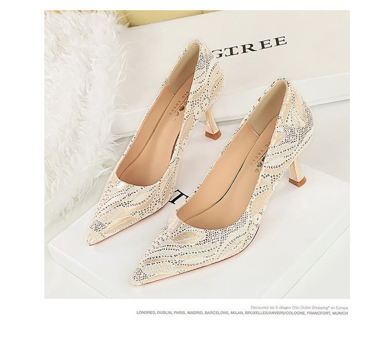 Lace Mid Heel Shoes Pointed Irregular Asymmetric Lines Stiletto Heel Women Professional Shoes