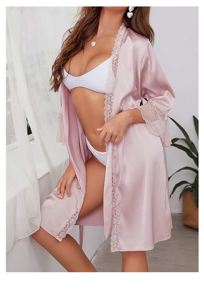 Summer Artificial Silk Sexy Seduction Deep V Plunge Lace Outerwear Gown Lace up Nightgown Bathrobe Women Pajamas