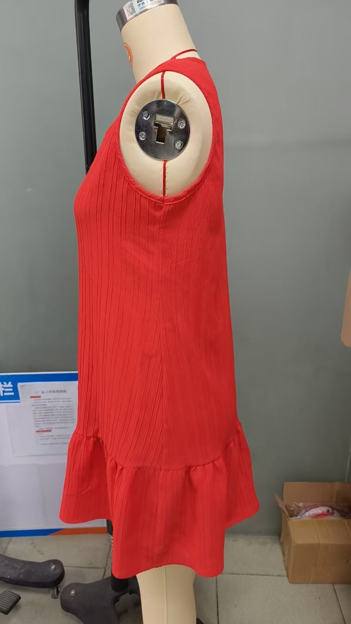 Summer V neck Solid Color Loose Slimming Dress Sleeveless Women