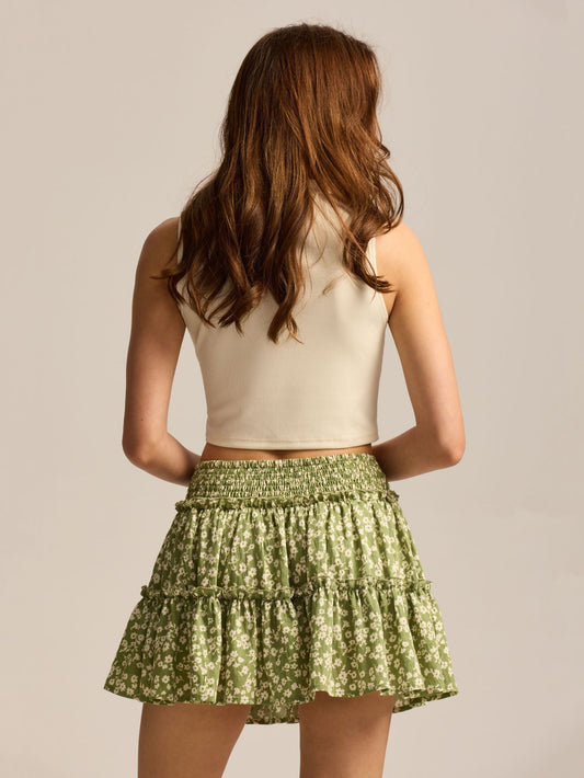 Floral Skirt Pants Lined A line Skirt High Quality Smocking Tight Waist Elastic Culottes