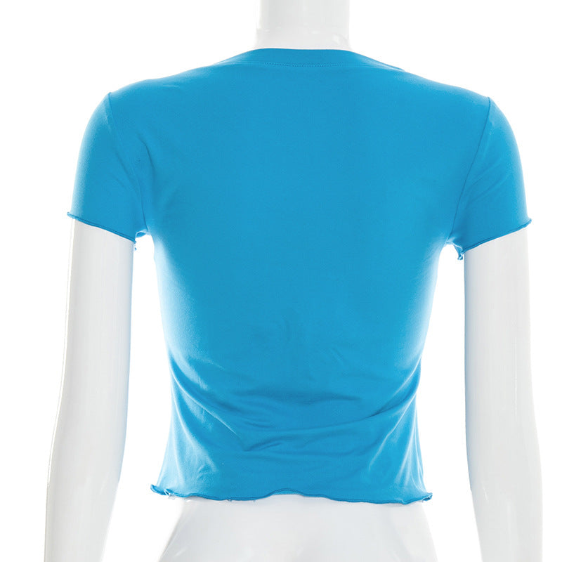 Women Clothing Sexy Solid Color V neck Slim Fit Cropped Short Sleeved Top T shirt