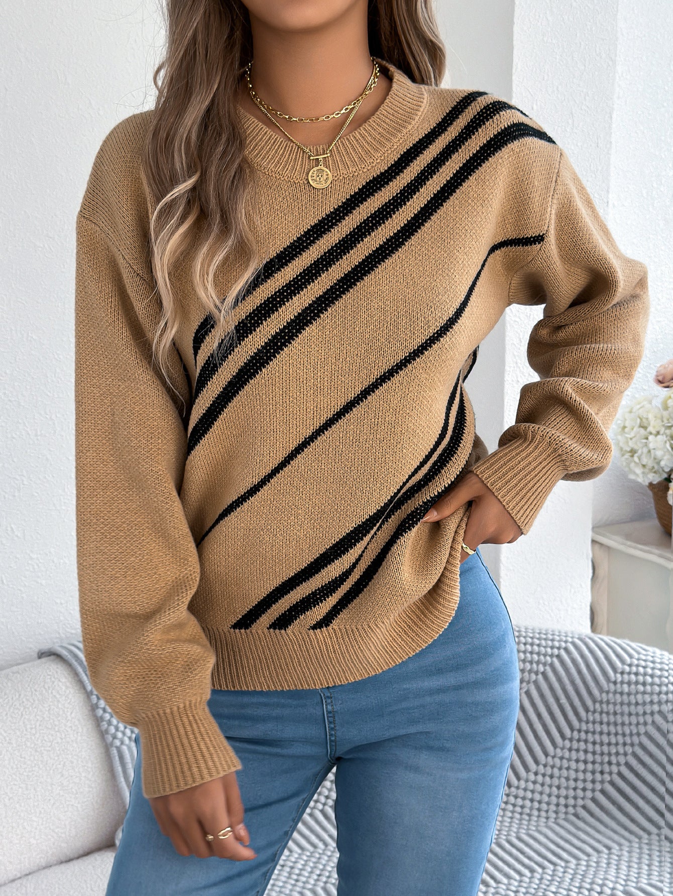 Women Clothing Autumn Winter Casual Striped round Neck Lantern Long Sleeve Pullover