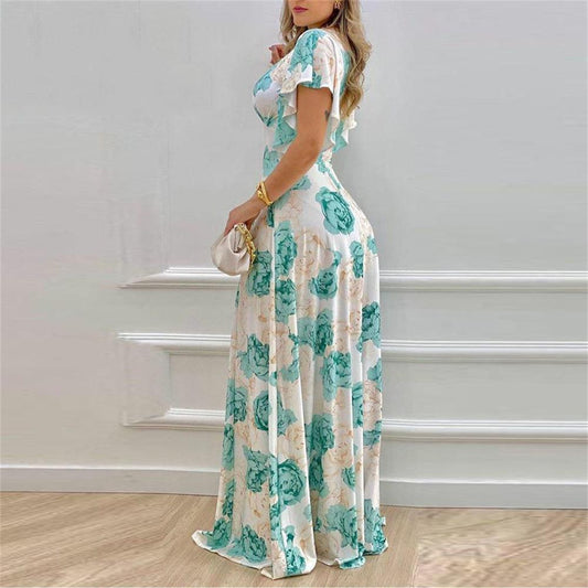 Arrival Women Clothing Summer Office V neck Waist Trimming Printing Large Swing Dress