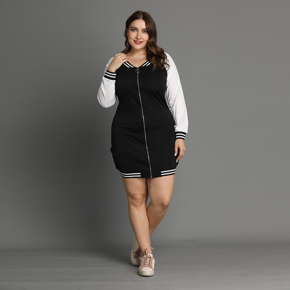 Plus Size Autumn Women Long Sleeve Color Zipper Dress Mid-Length
