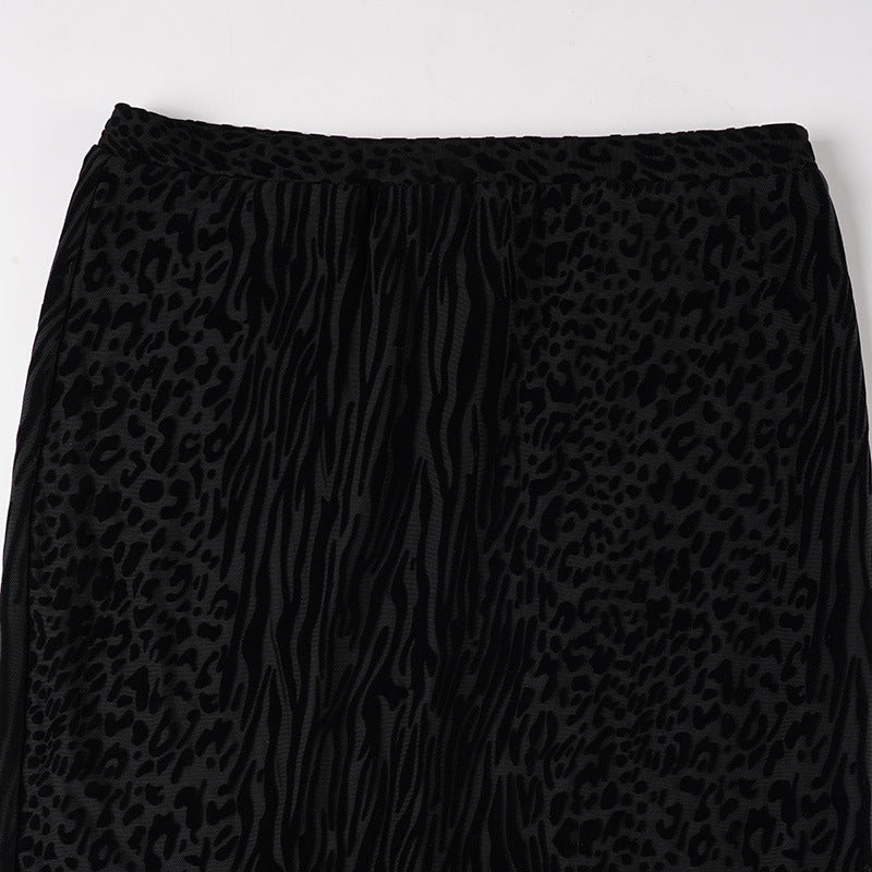 Sexy Flocking Wool Tops Lace up Cardigan Leopard Print Skirt Women Fur Stitching Two Piece Sets