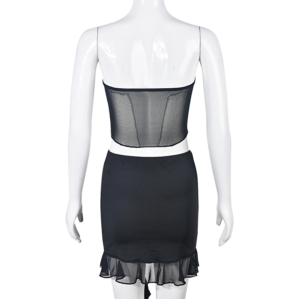 Women Clothing Spring Corset Mesh See through Sexy Skirt Set