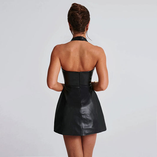 Summer Type Hip Elegant Sexy Sexy V Neck Leather Dress Women