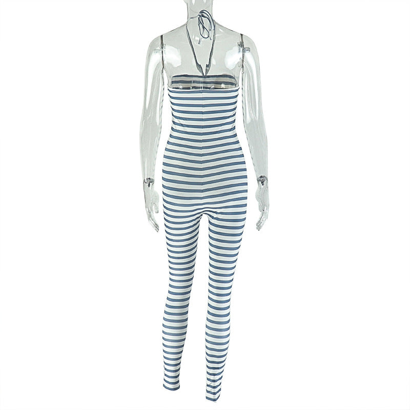 Personality Women Striped Printed Halter Wrapped Chest Jumpsuit Sexy Backless Sports Long Jumpsuit