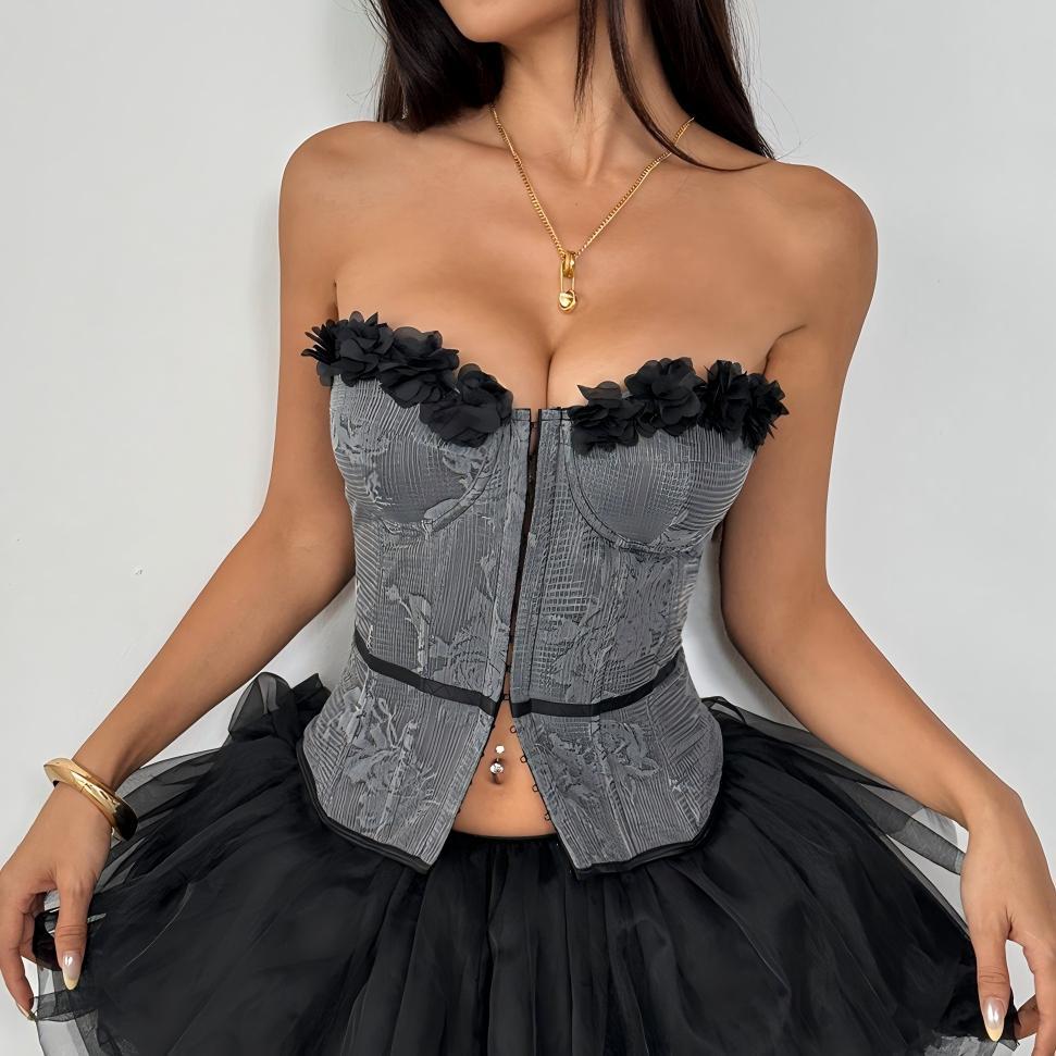 Sweet Spicy Tube Top Three Dimensional Floral Embroidery Lace Stitching Strap Boning Corset Top