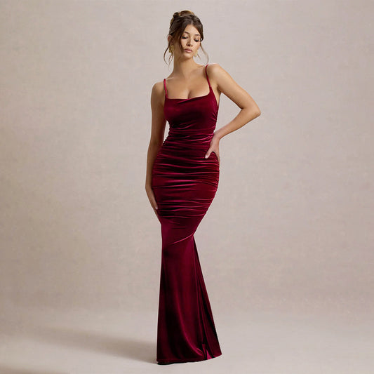 Autumn Socialite Sexy Velvet Pleated Fitted Waist Backless Sling Dress