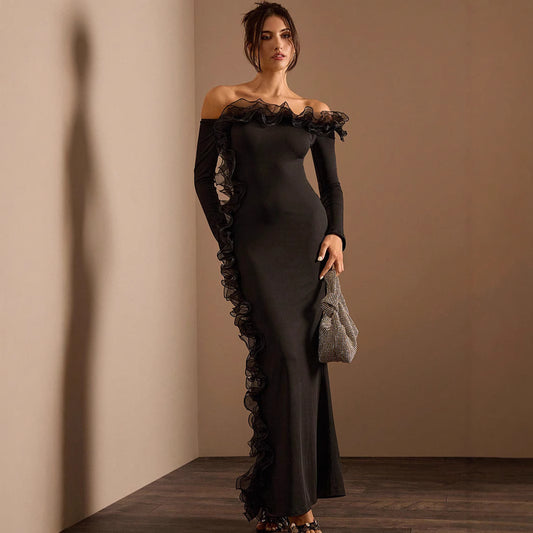 Off Shoulder Irregular Asymmetric Ruffled Trim Long Sleeve Women Dress Maxi Dress Autumn Winter Women Clothing