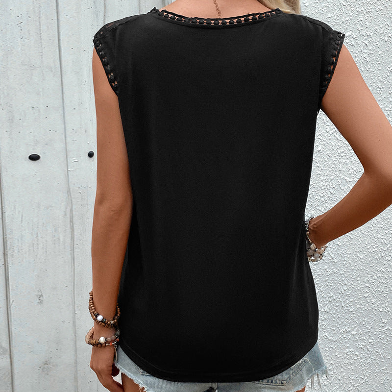 Summer Sleeveless Lace round Neck Solid Color Simple Elegant Women Clothing Top