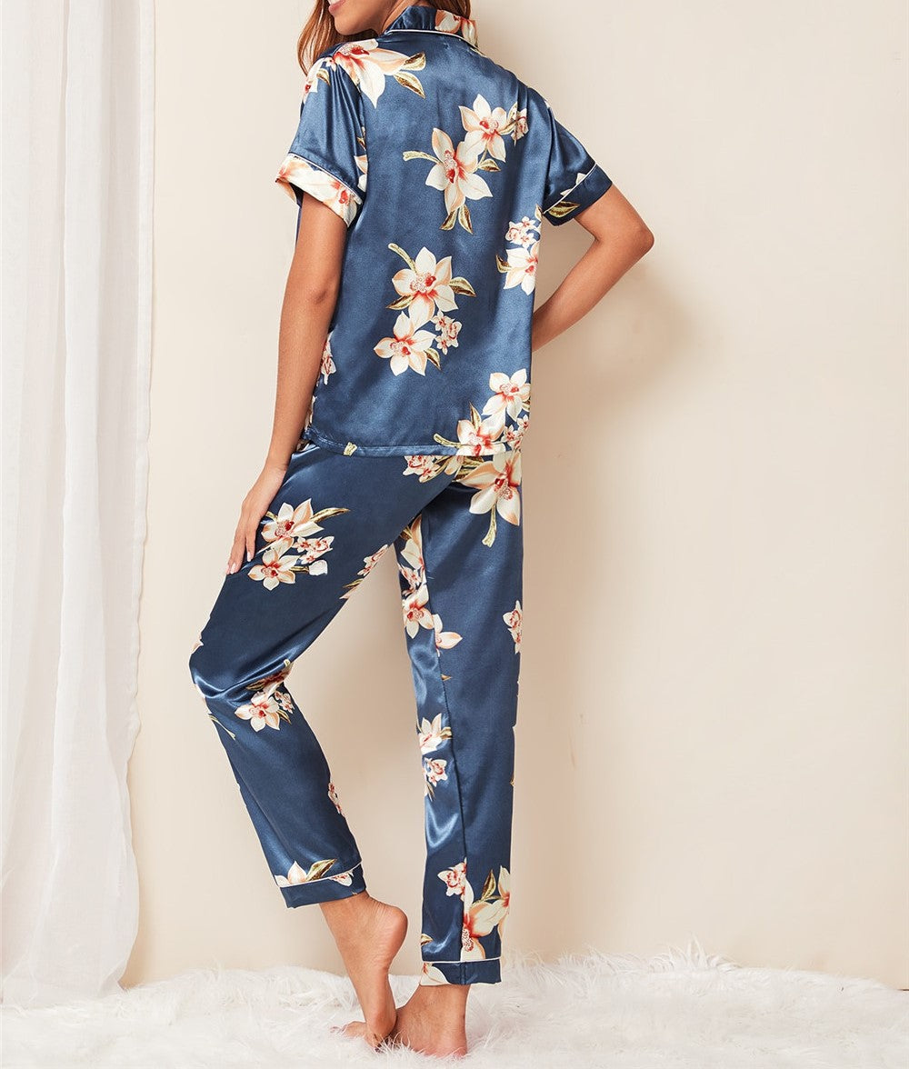 Imitated Silk Pajamas Women Home Wear Two-Piece Short-Sleeved Trousers