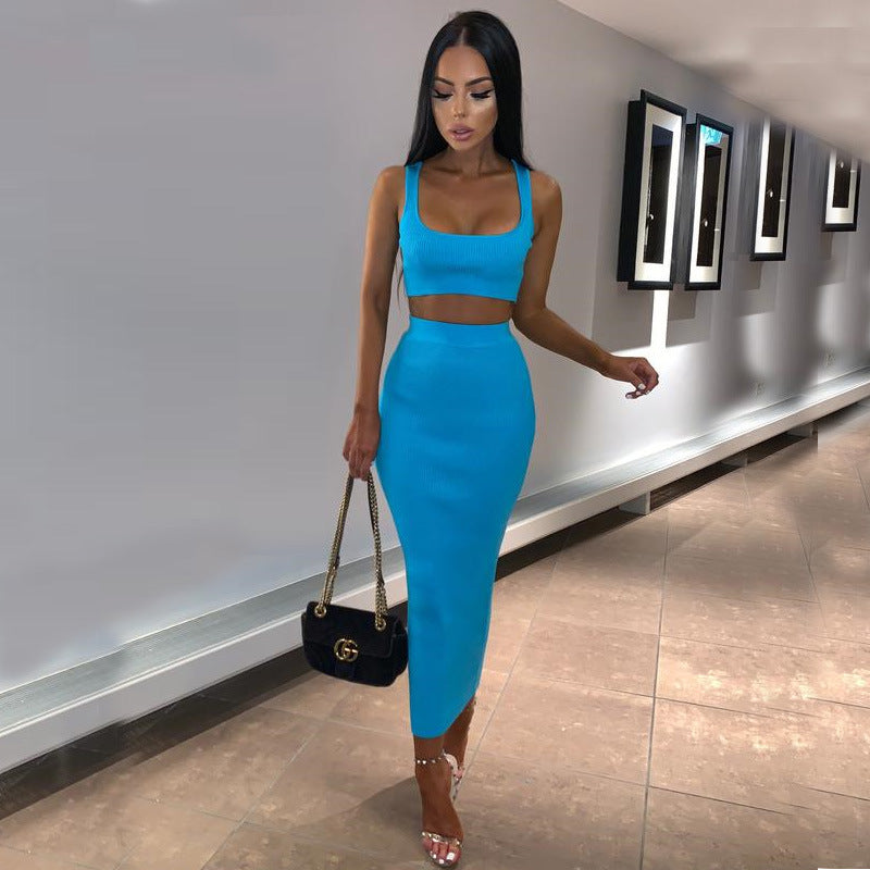 Women Clothing Sexy Vest Two-Piece Set Crop-Top Short Top Fried Street Suit Skirt Summer
