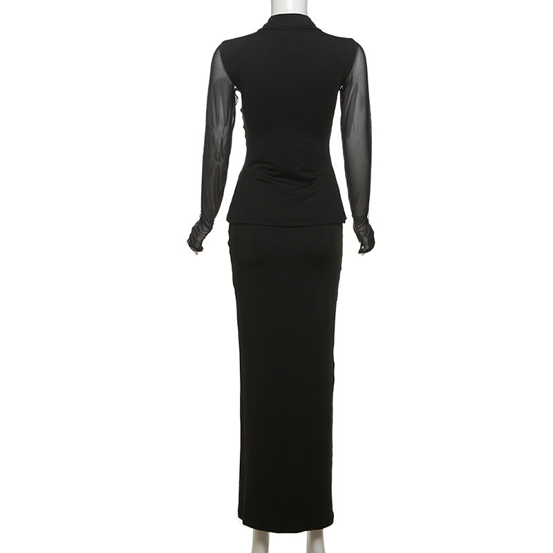 Fall Women Clothing Sexy See through Mesh Stitching Long Sleeves Top Sheath Figure Skirt Sets