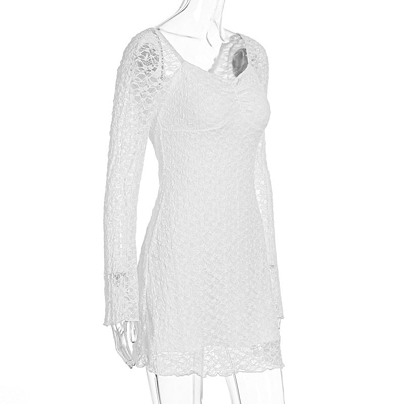 Women Clothing Autumn Winter Women Dress Sexy Square-Neck Lace Long Sleeve Slim Fit Sheath Dress Women