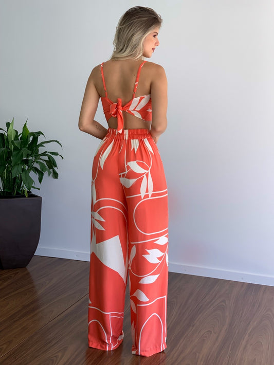 Women Clothing Imitation Linen Casual Sets V neck Short Vest High Waist Print Wide Leg Pants Two Piece Set
