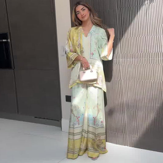 Summer Elegant Positioning Printed Top Wide Leg Pants Two Piece Set