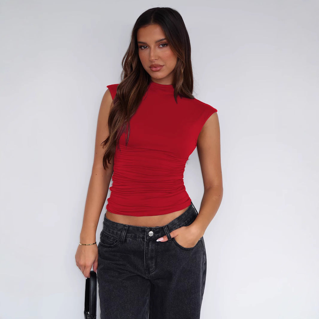 Women Clothing Summer Half Turtleneck Solid Color Pleated Slim Sleeveless Simple Comfortable Top Women