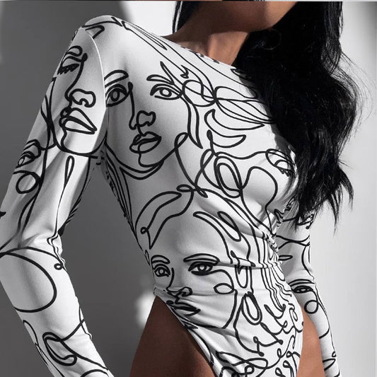 Women Clothing Tight High Waist round Neck Long Sleeve Street Printed Jumpsuit Thin Top Women