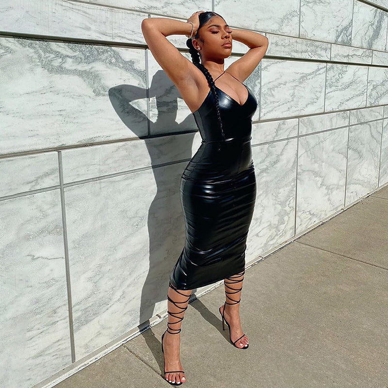 New Leather Sexy Cami Dress Autumn Winter New V-neck Slim Fit Slit Mid-Length Dress